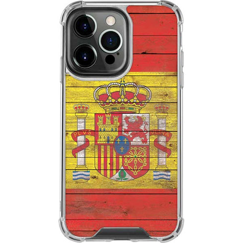 Spain Flag Dark Wood iPhone 14 Pro Clear Case